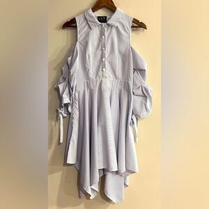 SHK PARIS Women’s Blue & White Striped Cold Shoulder Puffer Tie Sleeve Dress NEW